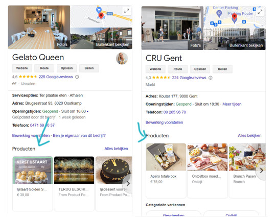 producten google bedrijfspagina